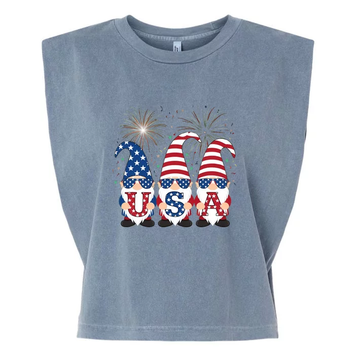 Funny American Gnomes Sunglasses Patriotic Usa 4th Of July Garment-Dyed Women's Muscle Tee