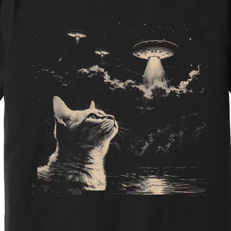 Funny Animal Graphic Cat Selfie With Ufos Weird Premium T-Shirt