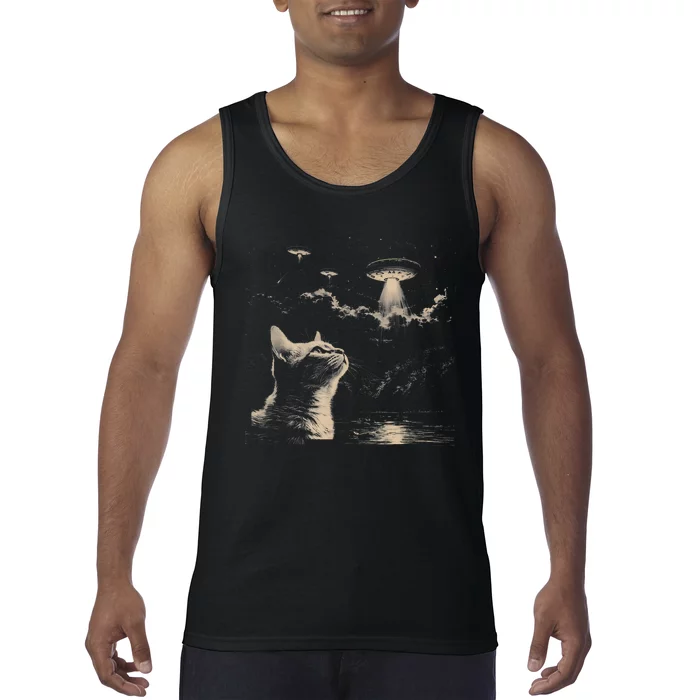 Funny Animal Graphic Cat Selfie With Ufos Weird Tank Top