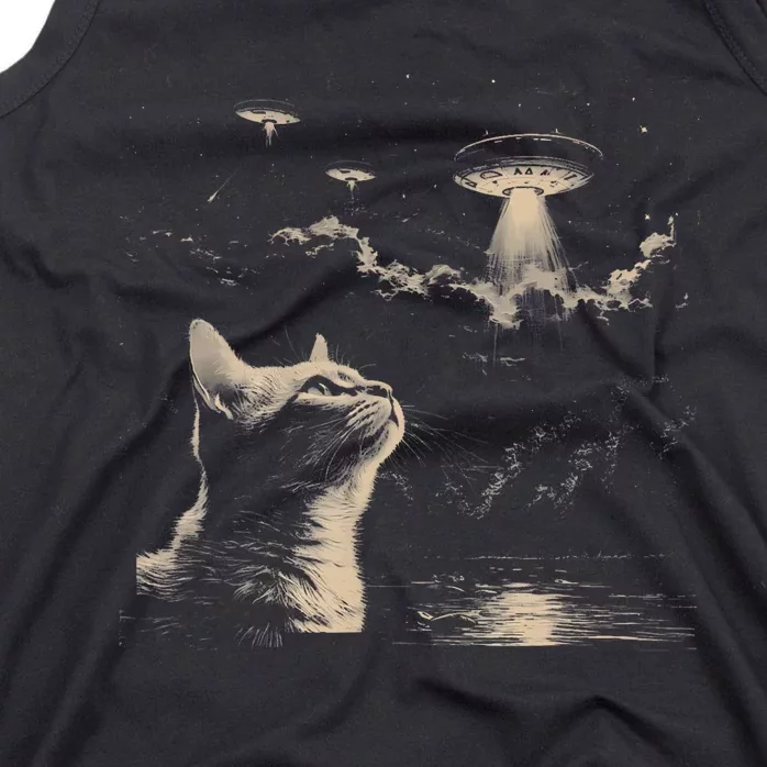 Funny Animal Graphic Cat Selfie With Ufos Weird Tank Top