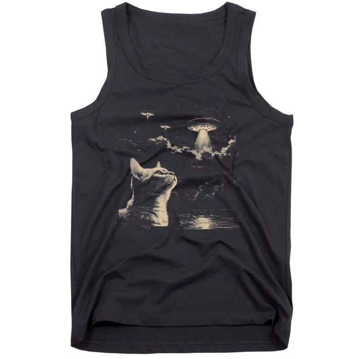 Funny Animal Graphic Cat Selfie With Ufos Weird Tank Top