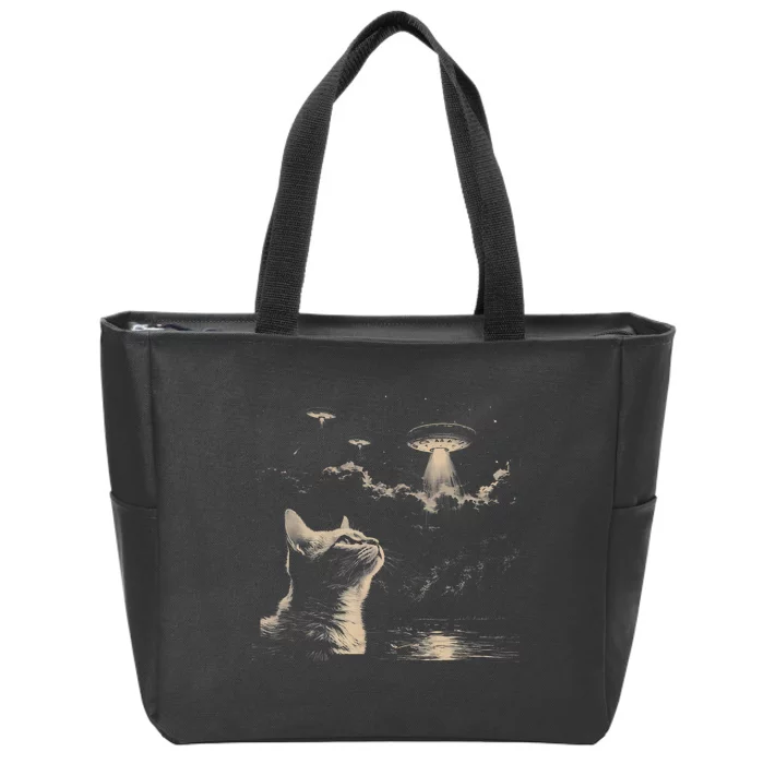 Funny Animal Graphic Cat Selfie With Ufos Weird Zip Tote Bag