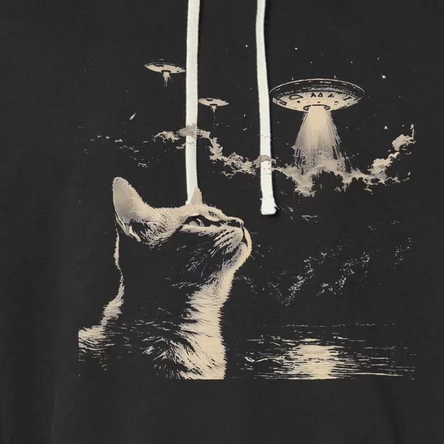 Funny Animal Graphic Cat Selfie With Ufos Weird Garment-Dyed Fleece Hoodie