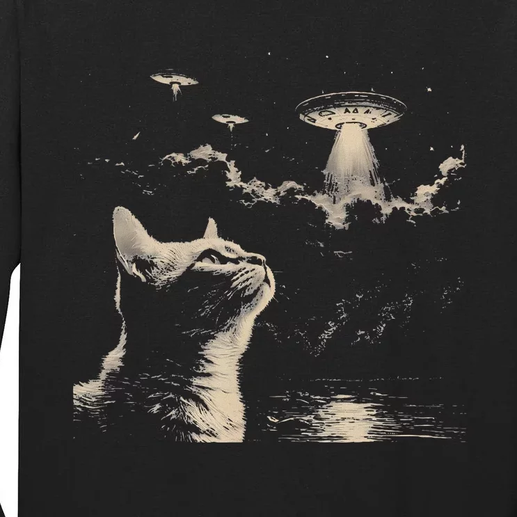 Funny Animal Graphic Cat Selfie With Ufos Weird Tall Long Sleeve T-Shirt