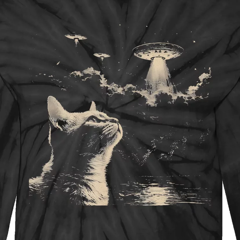 Funny Animal Graphic Cat Selfie With Ufos Weird Tie-Dye Long Sleeve Shirt