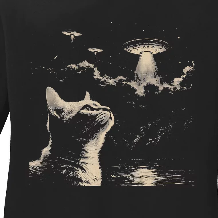 Funny Animal Graphic Cat Selfie With Ufos Weird Ladies Long Sleeve Shirt