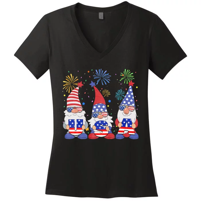 Funny American Gnomes Sunglasses Patriotic Usa 4th Of July Women's V-Neck T-Shirt