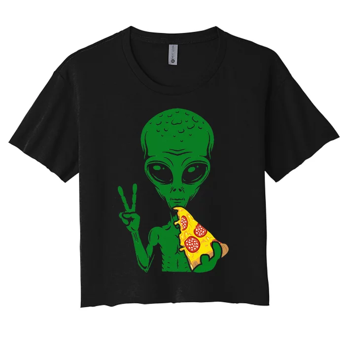 Funny Alien Head Eating Pizza Ufo Extraterrestrial Women's Crop Top Tee