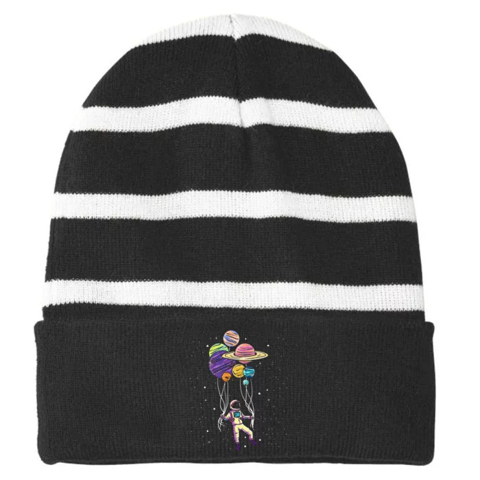 Funny Astronaut Holding Planet Balloons Stem Striped Beanie with Solid Band