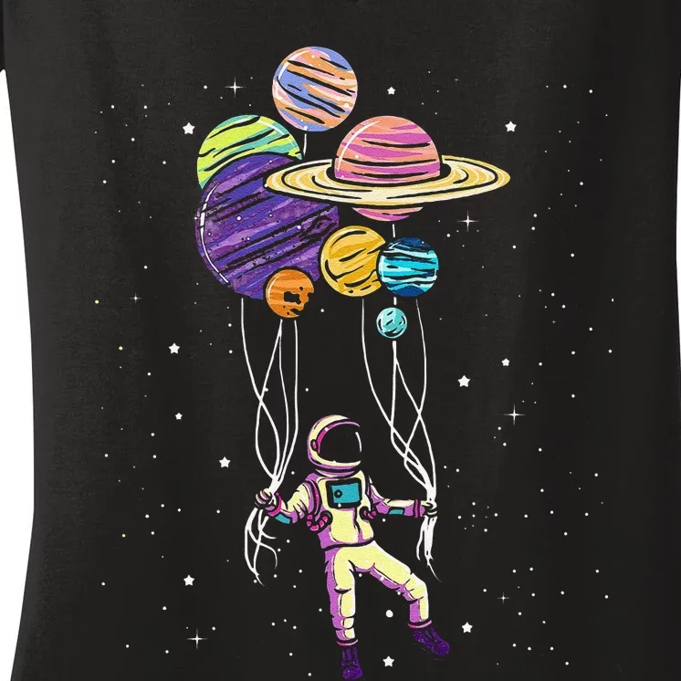 Funny Astronaut Holding Planet Balloons Stem Women's V-Neck T-Shirt