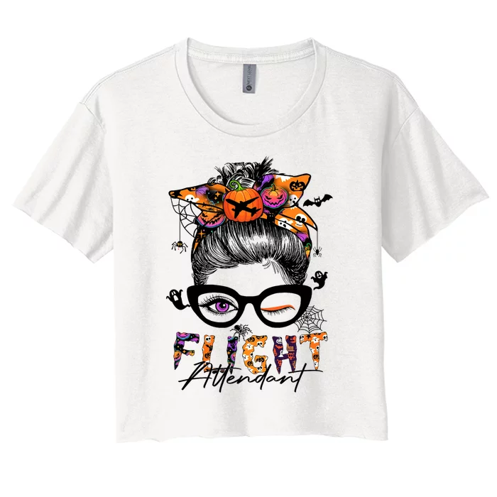 Flight Attendant Halloween Costume Messy Bun Pumpkin Women's Crop Top Tee