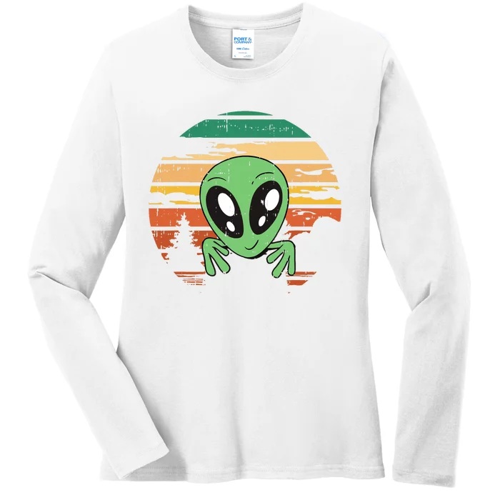 Funny Alien Halloween Costume Retro UFO Ladies Long Sleeve Shirt