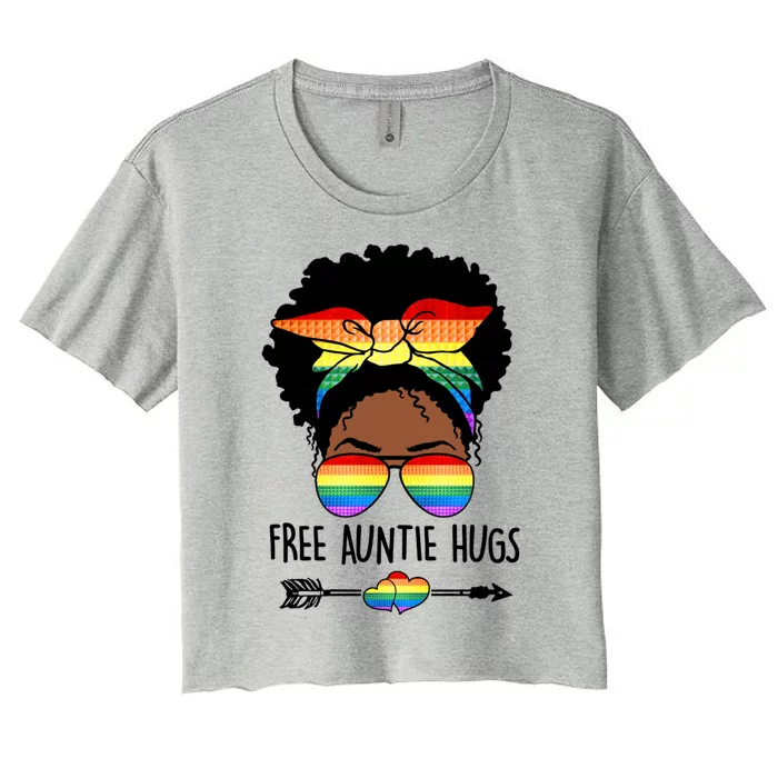 Free Auntie Hugs Messy Bun Lgbt Pride Month Black Gift Women's Crop Top Tee