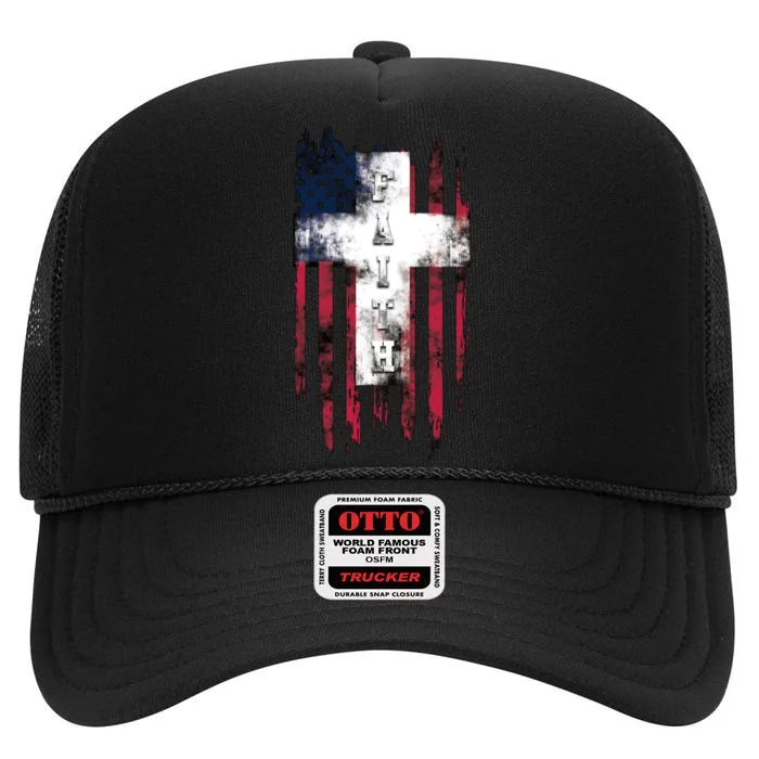 Faith American Flag Cross High Crown Mesh Trucker Hat