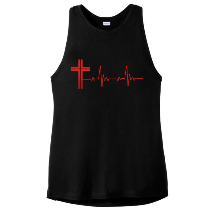 Faith Cross Heartbeat Pulse Ladies Tri-Blend Wicking Tank