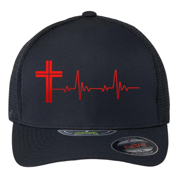 Faith Cross Heartbeat Pulse Flexfit Unipanel Trucker Cap