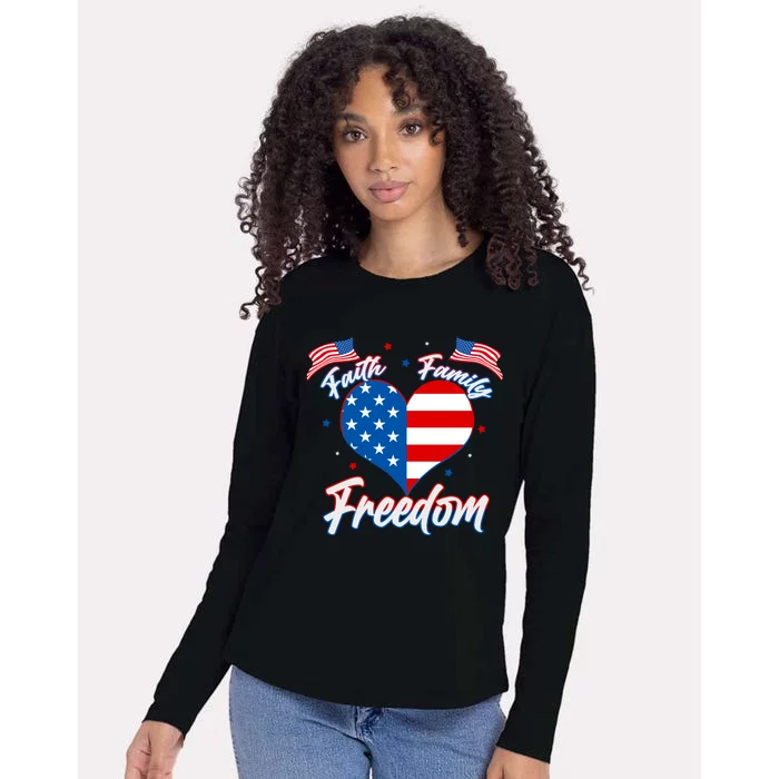 Faith Family Freedom USA American Flag Heart Womens Cotton Relaxed Long Sleeve T-Shirt