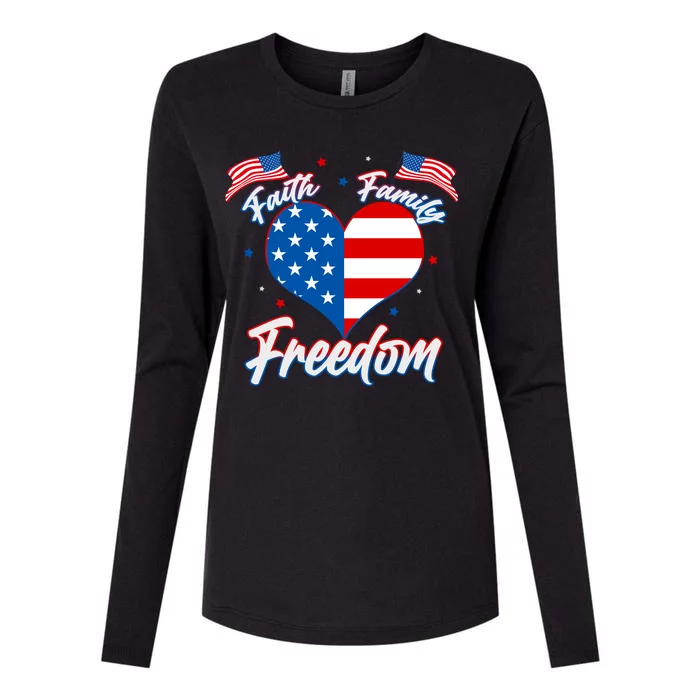 Faith Family Freedom USA American Flag Heart Womens Cotton Relaxed Long Sleeve T-Shirt