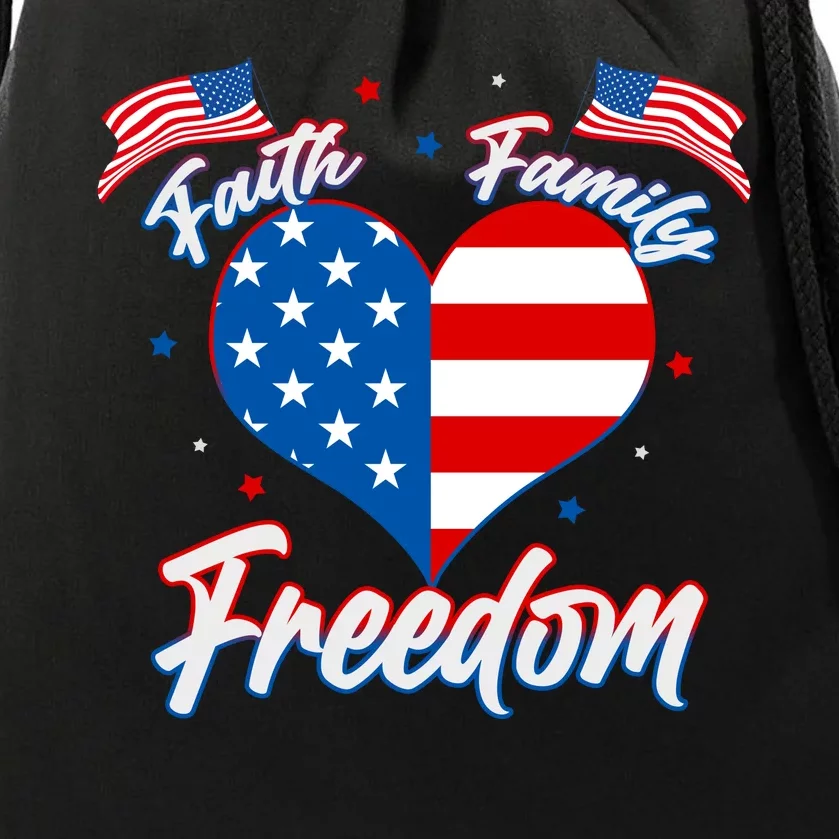 Faith Family Freedom USA American Flag Heart Drawstring Bag