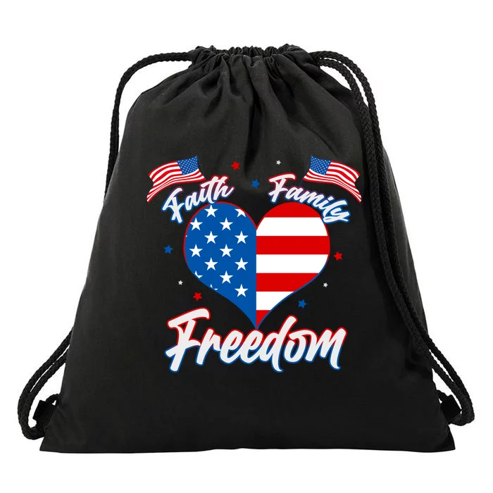 Faith Family Freedom USA American Flag Heart Drawstring Bag