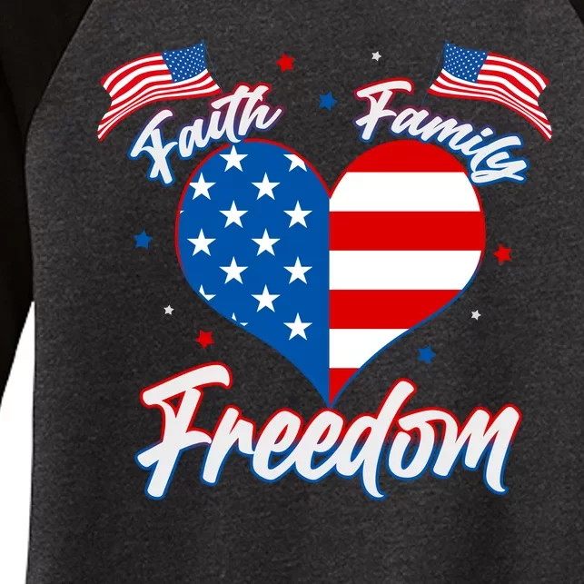 Faith Family Freedom USA American Flag Heart Women's Tri-Blend 3/4-Sleeve Raglan Shirt