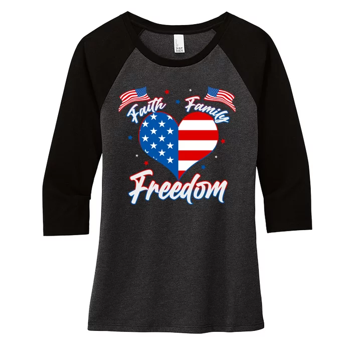 Faith Family Freedom USA American Flag Heart Women's Tri-Blend 3/4-Sleeve Raglan Shirt