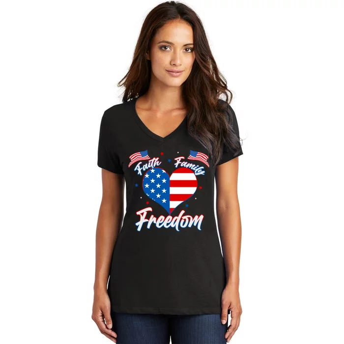 Faith Family Freedom USA American Flag Heart Women's V-Neck T-Shirt