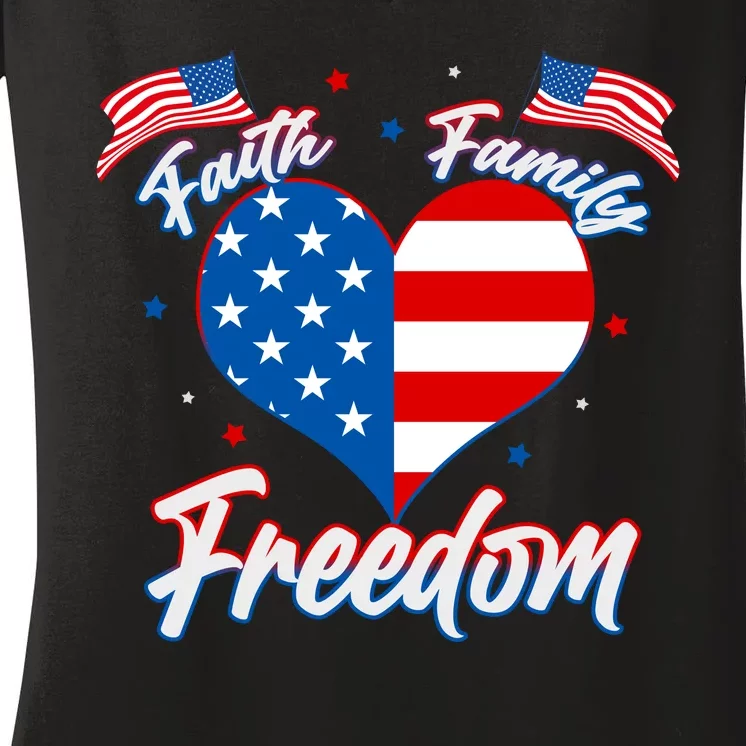 Faith Family Freedom USA American Flag Heart Women's V-Neck T-Shirt