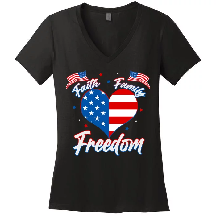 Faith Family Freedom USA American Flag Heart Women's V-Neck T-Shirt