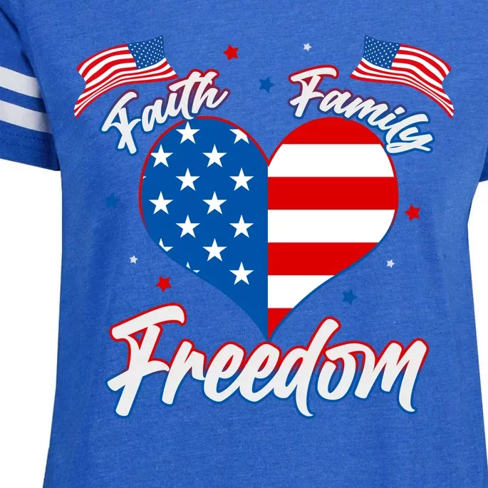 Faith Family Freedom USA American Flag Heart Enza Ladies Jersey Football T-Shirt