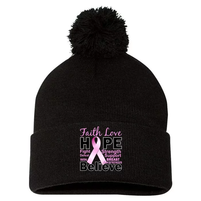 Faith Hope Breast Cancer Awareness Pom Pom 12in Knit Beanie