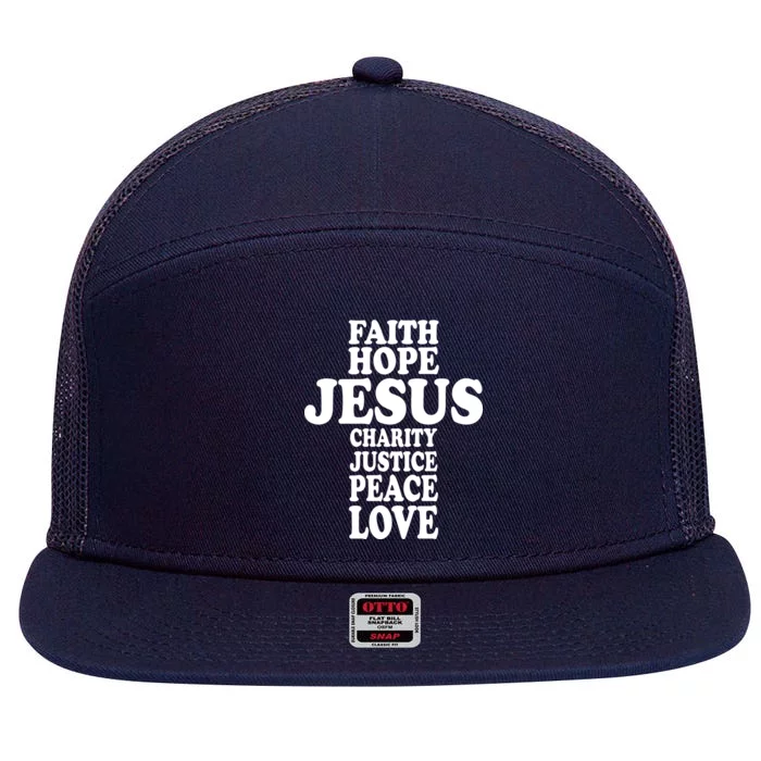 Faith Hope Jesus Charity Peace Love Word Cross 7 Panel Mesh Trucker Snapback Hat