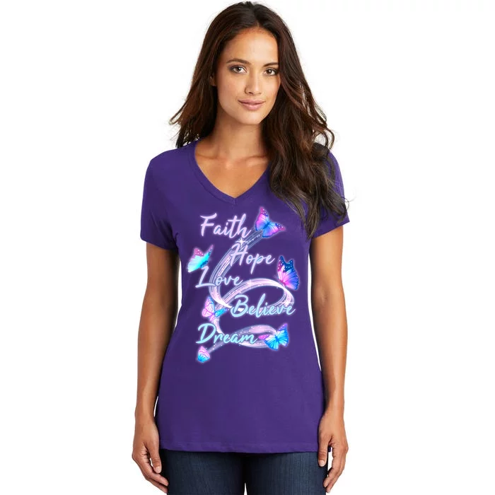 Faith Hope Love Believe Dream - Butterflies Women's V-Neck T-Shirt