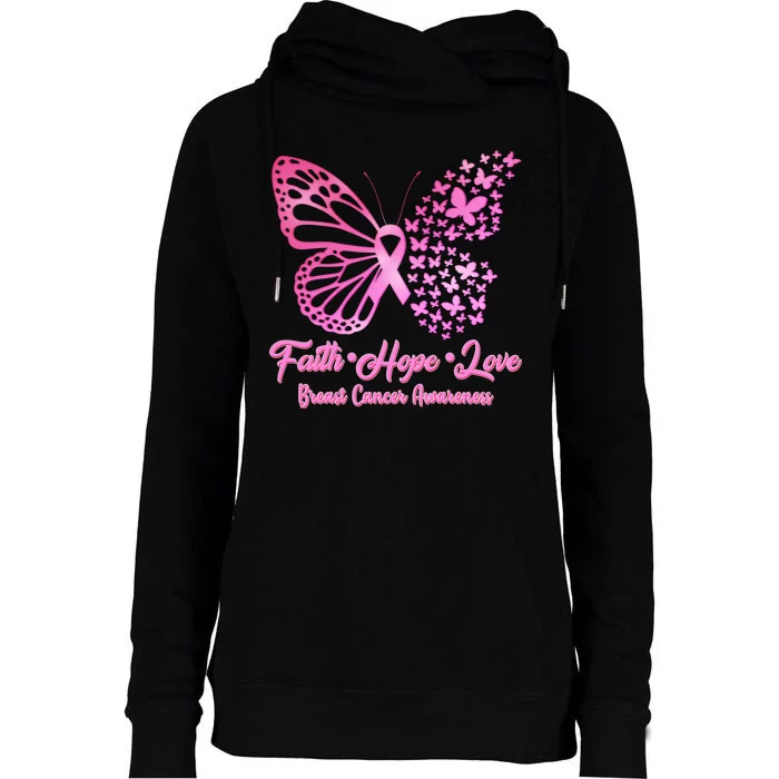 Faith Hope Love Breast Cancer Awareness Butterflies Womens Funnel Neck Pullover Hood