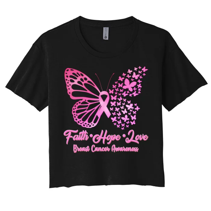 Faith Hope Love Breast Cancer Awareness Butterflies Women's Crop Top Tee