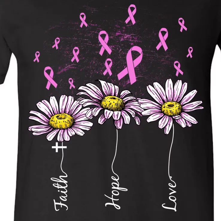 Faith Hope Love Breast Cancer Awareness Floral V-Neck T-Shirt