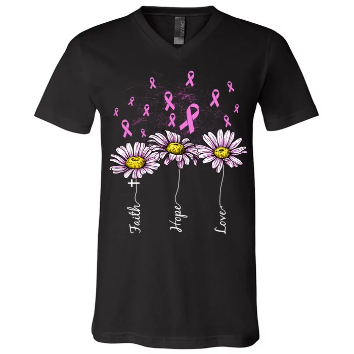 Faith Hope Love Breast Cancer Awareness Floral V-Neck T-Shirt