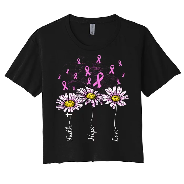 Faith Hope Love Breast Cancer Awareness Floral Women's Crop Top Tee