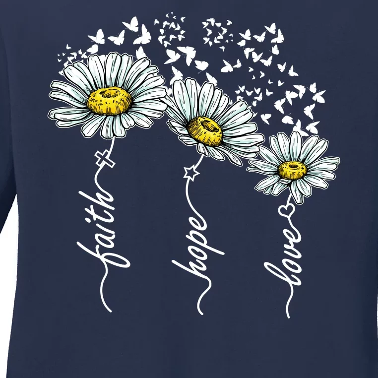 Faith Hope Love Butterflies Daisies Religious Ladies Long Sleeve Shirt