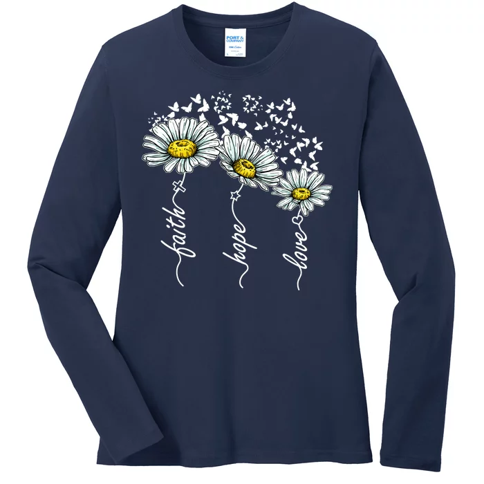 Faith Hope Love Butterflies Daisies Religious Ladies Long Sleeve Shirt