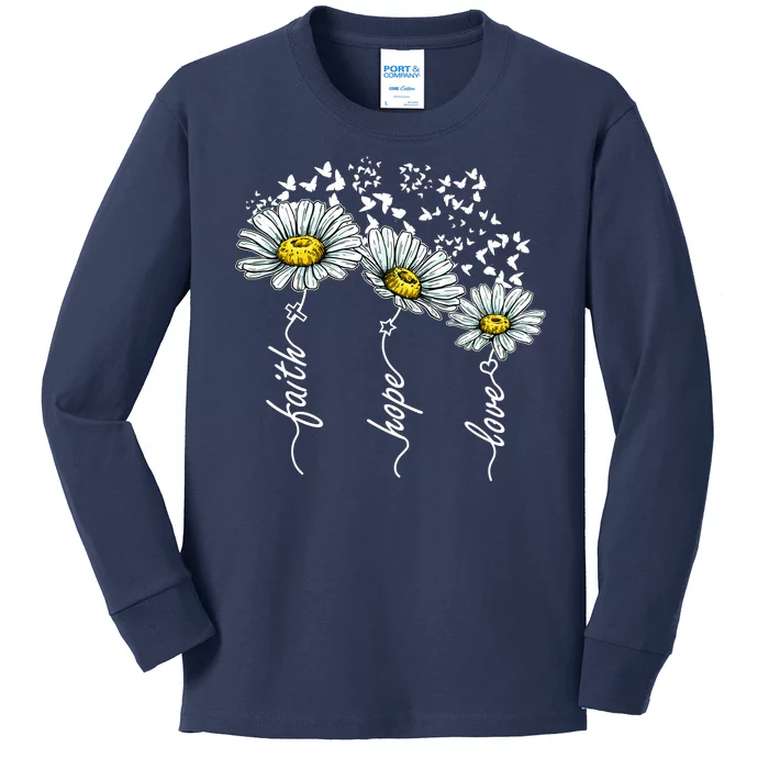 Faith Hope Love Butterflies Daisies Religious Kids Long Sleeve Shirt