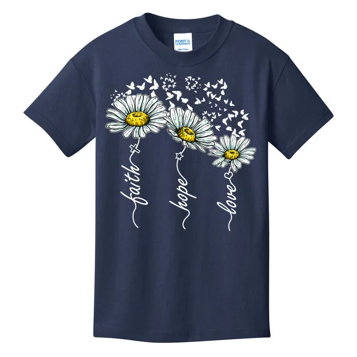 Faith Hope Love Butterflies Daisies Religious Kids T-Shirt