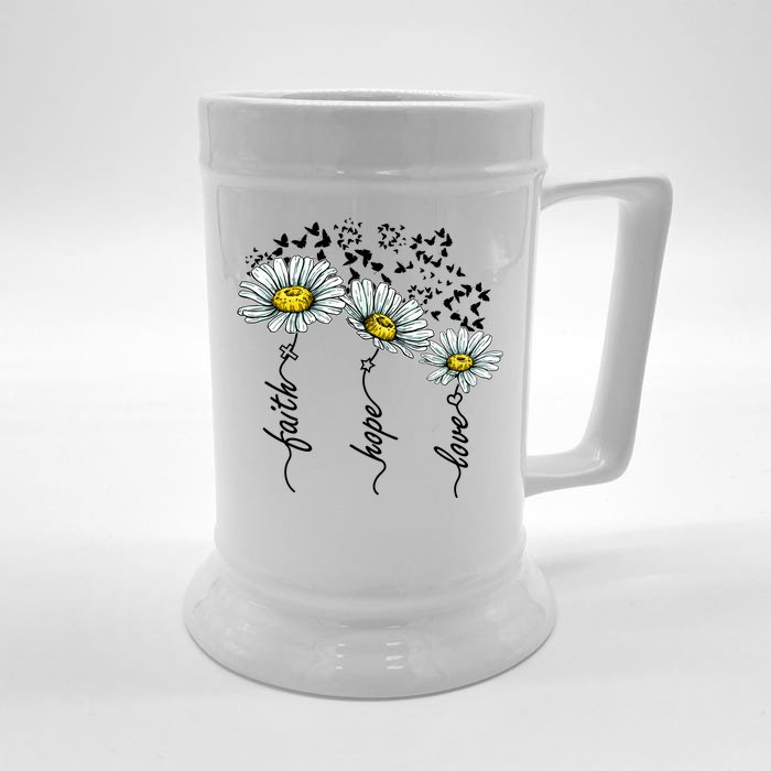 Faith Hope Love Butterflies Daisies Religious Front & Back Beer Stein