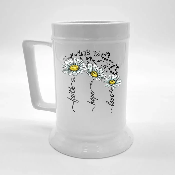 Faith Hope Love Butterflies Daisies Religious Front & Back Beer Stein