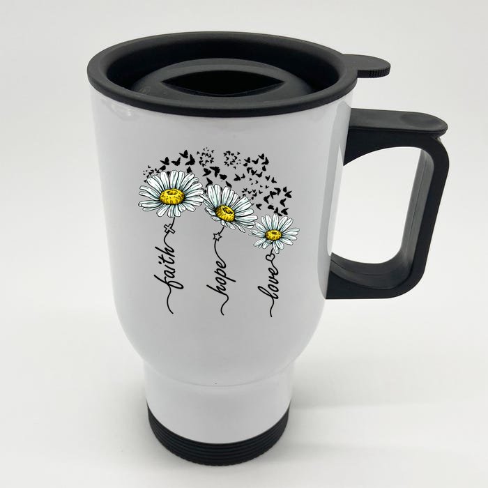 Faith Hope Love Butterflies Daisies Religious Front & Back Stainless Steel Travel Mug