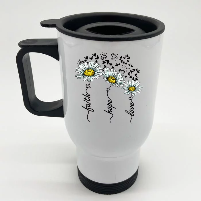 Faith Hope Love Butterflies Daisies Religious Front & Back Stainless Steel Travel Mug