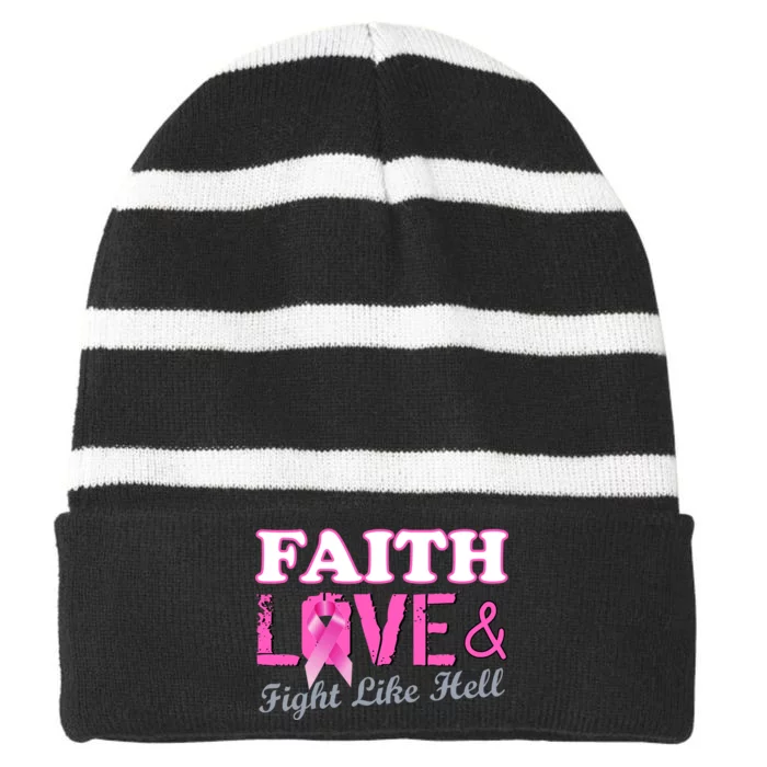 Faith Love & Fight Like Hell Ribbon Breast Cancer Striped Beanie with Solid Band