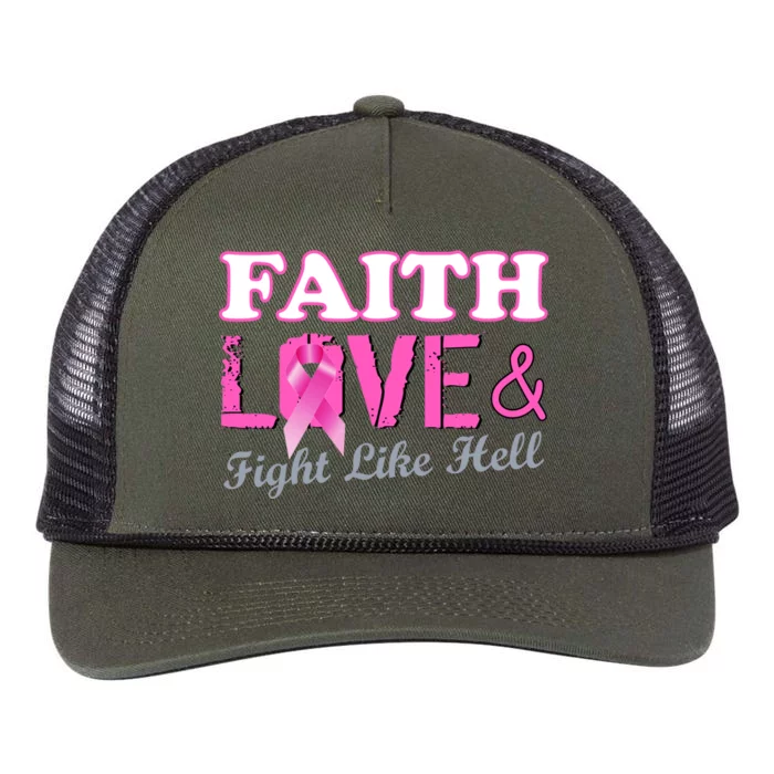 Faith Love & Fight Like Hell Ribbon Breast Cancer Retro Rope Trucker Hat Cap