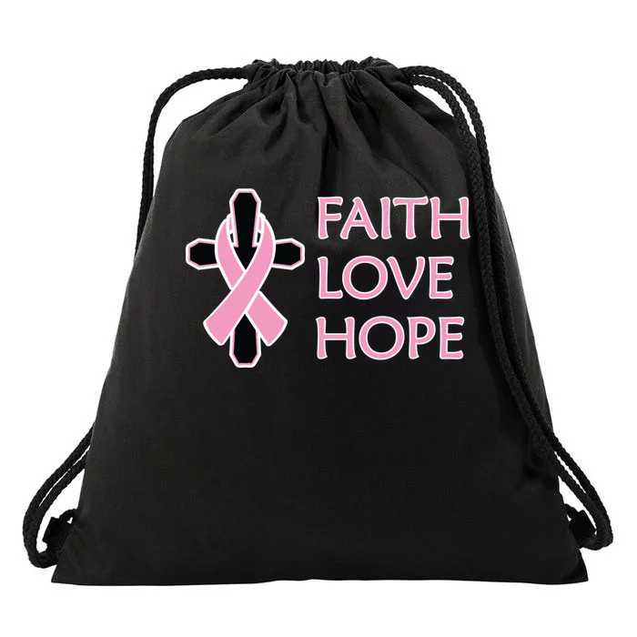 Faith Love Hope Breast Cancer Ribbon Cross Drawstring Bag