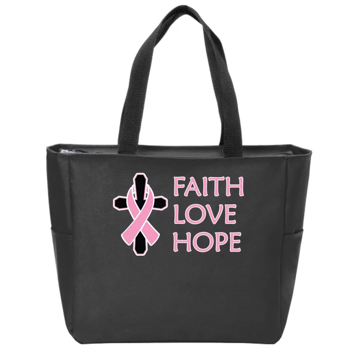 Faith Love Hope Breast Cancer Ribbon Cross Zip Tote Bag